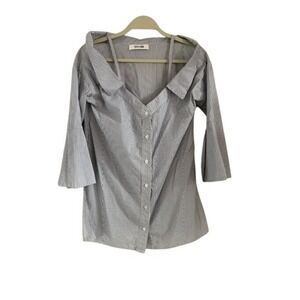 DO+BE Blue White Pinstripe Cold Shoulder Bell Sleeve Button Down Shirt Small